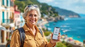 Older woman using smartphone while traveling